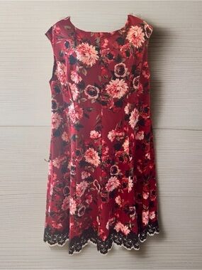 Roz & Ali Red Floral Swing Dress with Black Lace Trim